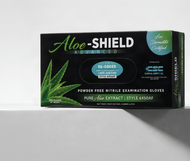 A box of Aloe-Shield Advanced powder-free nitrile examination gloves, Style 6450AF, displayed on a reflective white surface against a light gray background.