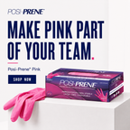 Posi-Prene pink examination gloves shown with their retail box on a white pedestal. Large promotional text reads "MAKE PINK PART OF YOUR TEAM" 