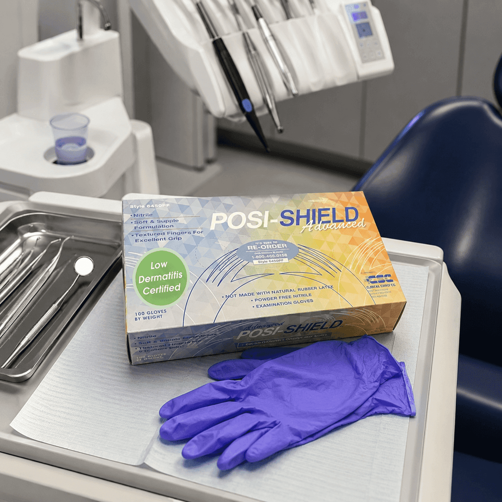 A box of PosiShield Professional nitrile gloves sits on a dental tray next to a single purple glove, with dental tools and a chair visible in the background.