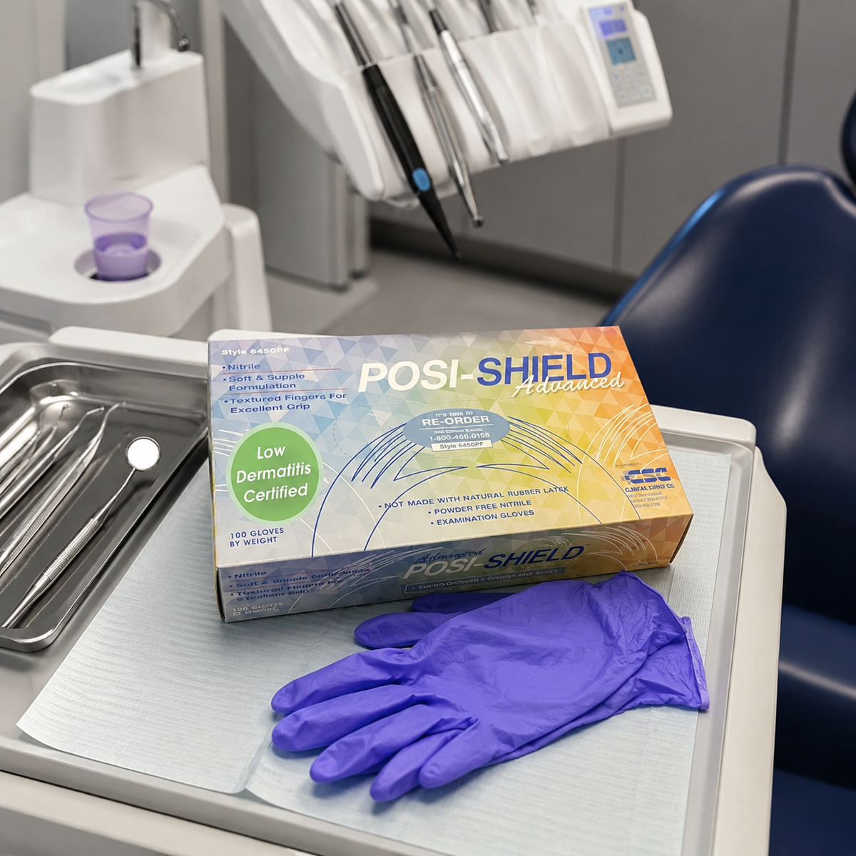 A box of PosiShield Professional nitrile gloves sits on a dental tray next to a single purple glove, with dental tools and a chair visible in the background.