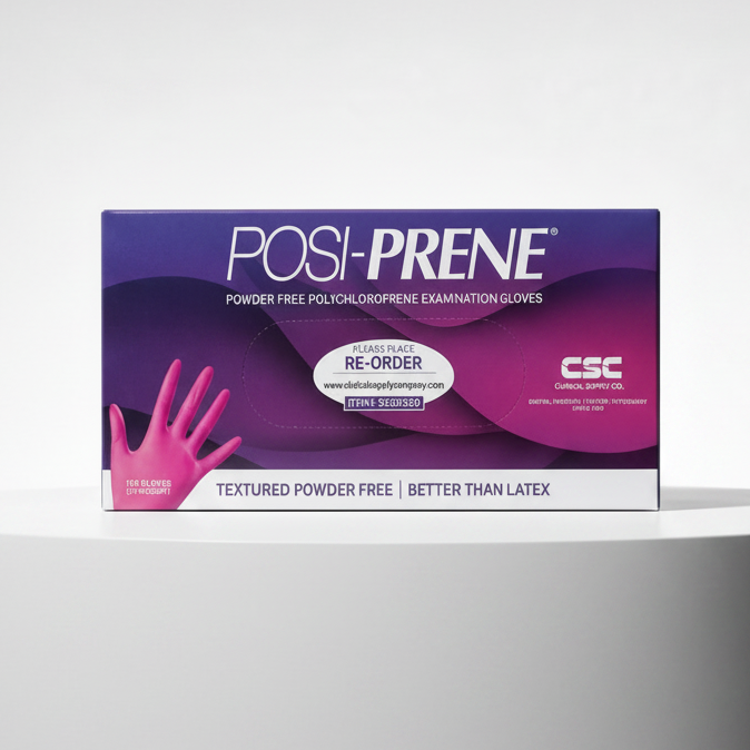A box of Posi-Prene powder free polychloroprene examination gloves by Clinical Supply Co, displayed on a clean white studio background.