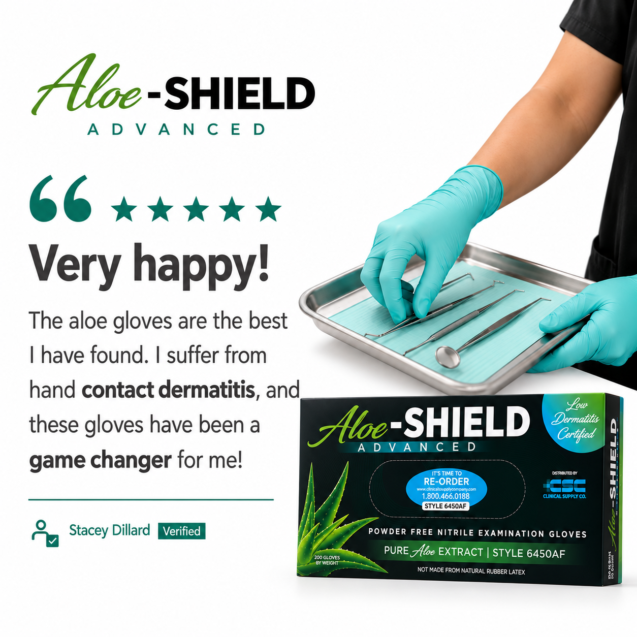 Aloe-SHIELD Advanced® Low Dermatitis: Aloe-Infused Green Nitrile Exam Gloves, 200 per box