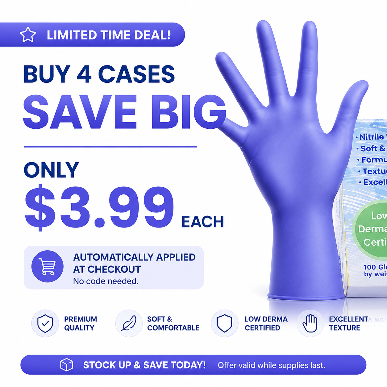 Posi-Shield Advanced™ Low Dermatitis Nitrile: Violet Blue Exam Gloves for Sensitive Skin, 100 per box