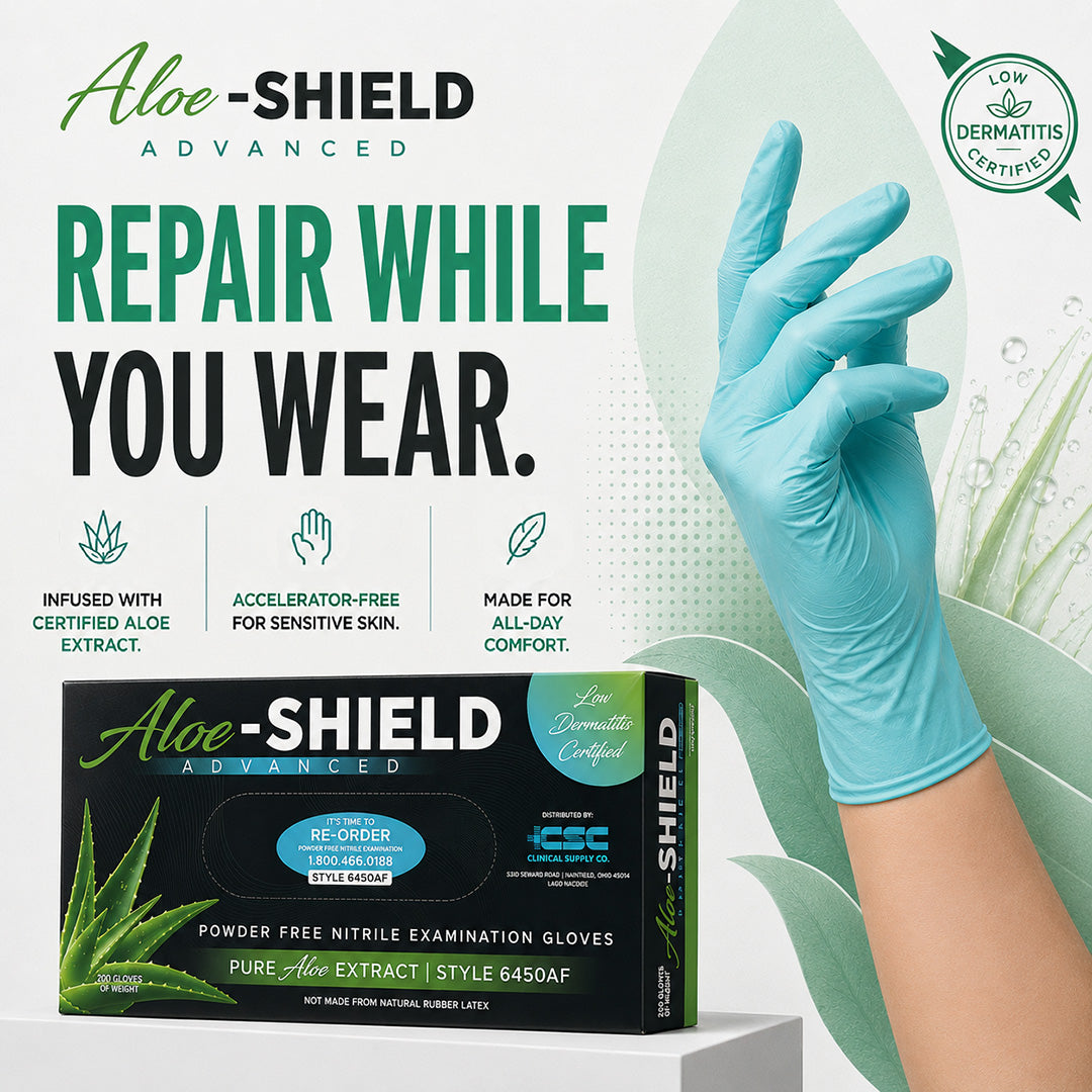 Aloe-SHIELD Advanced® Low Dermatitis: Aloe-Infused Green Nitrile Exam Gloves, 200 per box