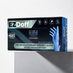 A box of EZDoff gloves, model #7450PD, displayed on a light gray surface against a white background. The packaging is black and blue with a graphic of a blue glove on the side.