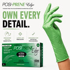 A green Posi-Prene Edge latex-free examination glove is shown worn on a hand, alongside its retail box and marketing text on a white background.