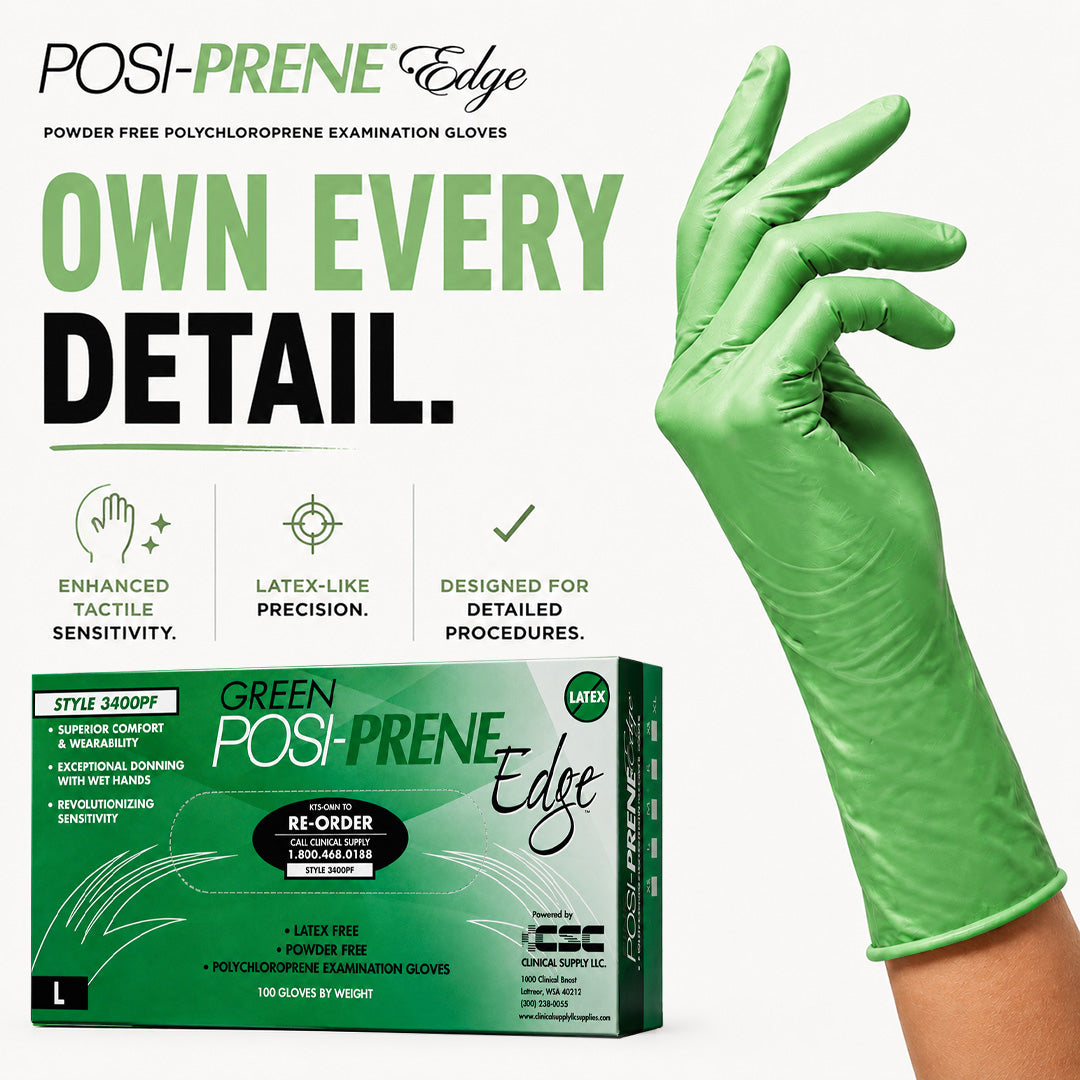 A green Posi-Prene Edge latex-free examination glove is shown worn on a hand, alongside its retail box and marketing text on a white background.