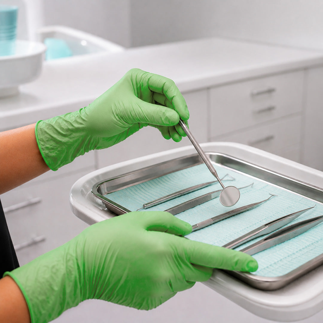 A close-up of a dentist's hands wearing bright green nitrile gloves, using a dental mirror to clean a stainless steel instrument tray with gauze in a bright, modern dental office.