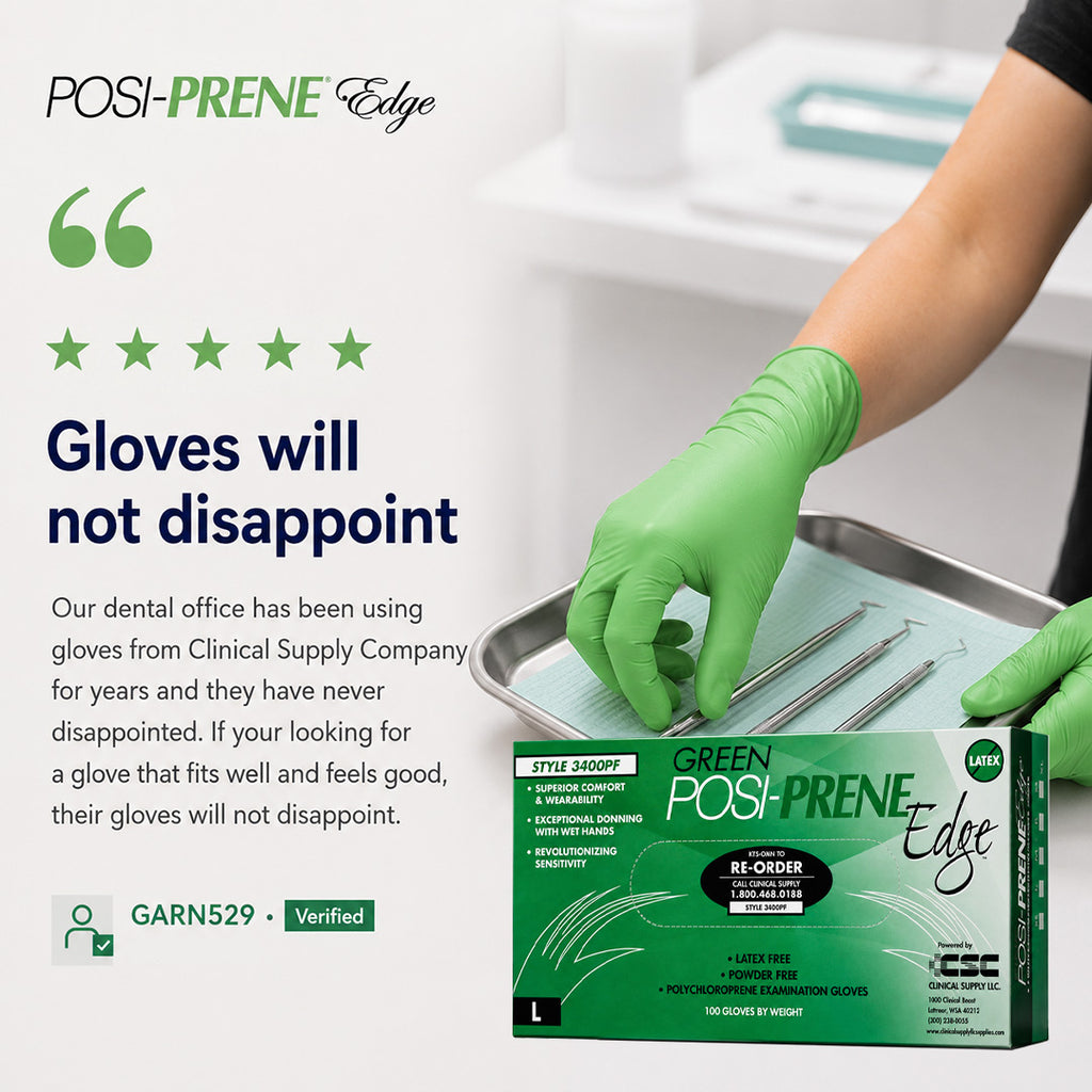 A person wearing a light green nitrile glove reaches toward dental tools on a metal tray beside a box of posi-prene Edge latex-free examination gloves. The image includes marketing text, 5 star ratins, and a verified customer badge on a clean white background.