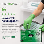 A person wearing a light green nitrile glove reaches toward dental tools on a metal tray beside a box of posi-prene Edge latex-free examination gloves. The image includes marketing text, 5 star ratins, and a verified customer badge on a clean white background.