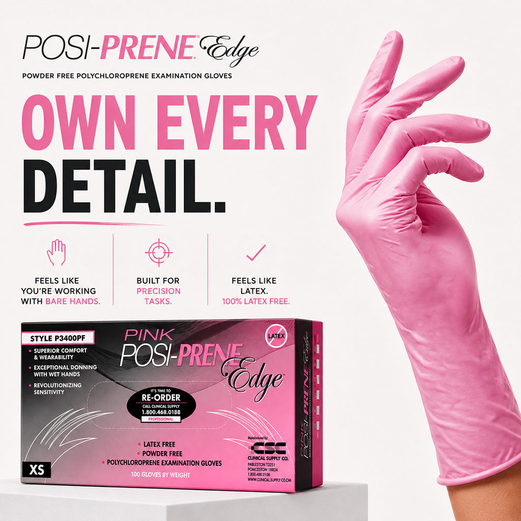 A pink Posi-Prene Edge latex-free examination glove worn on a hand, shown next to its retail box on a white background with promotional text. This glove lets you feel like you're working with bare hands because it's super thin, built for precision tasks and oral cancer screenings. It's a glove that feels like latex but is completely latex-free.