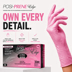 A pink Posi-Prene Edge latex-free examination glove worn on a hand, shown next to its retail box on a white background with promotional text. This glove lets you feel like you're working with bare hands because it's super thin, built for precision tasks and oral cancer screenings. It's a glove that feels like latex but is completely latex-free.