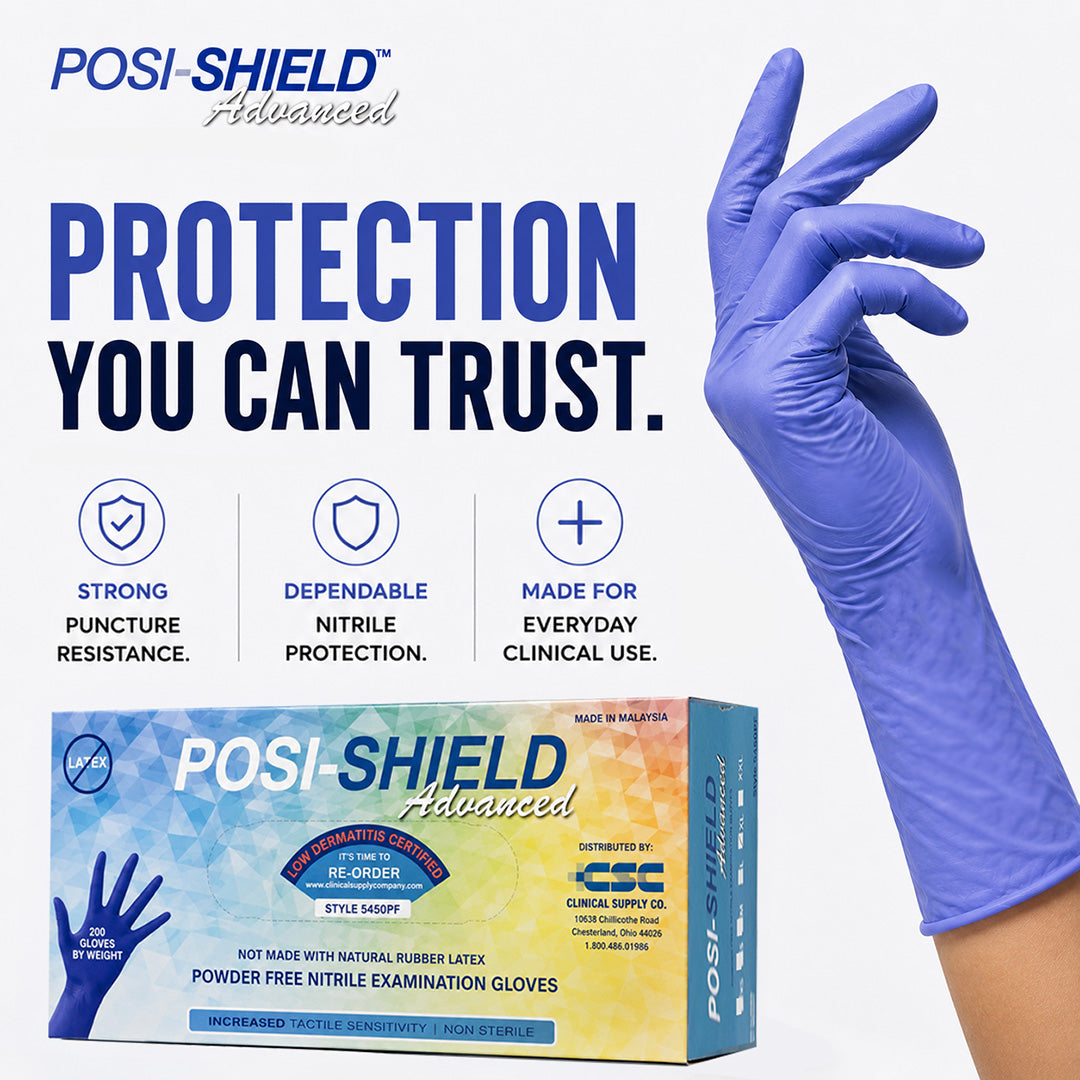 Posi-Shield Advanced™ Low Dermatitis Nitrile: Violet Blue Exam Gloves for Sensitive Skin, 200 per box
