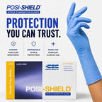 Blue nitrile examination gloves are shown with their retail box on a light gray background. A hand wearing the glove is visible on the right, and the packaging displays the brand POSI-SHIELD , CSC Clinical Supply Co.