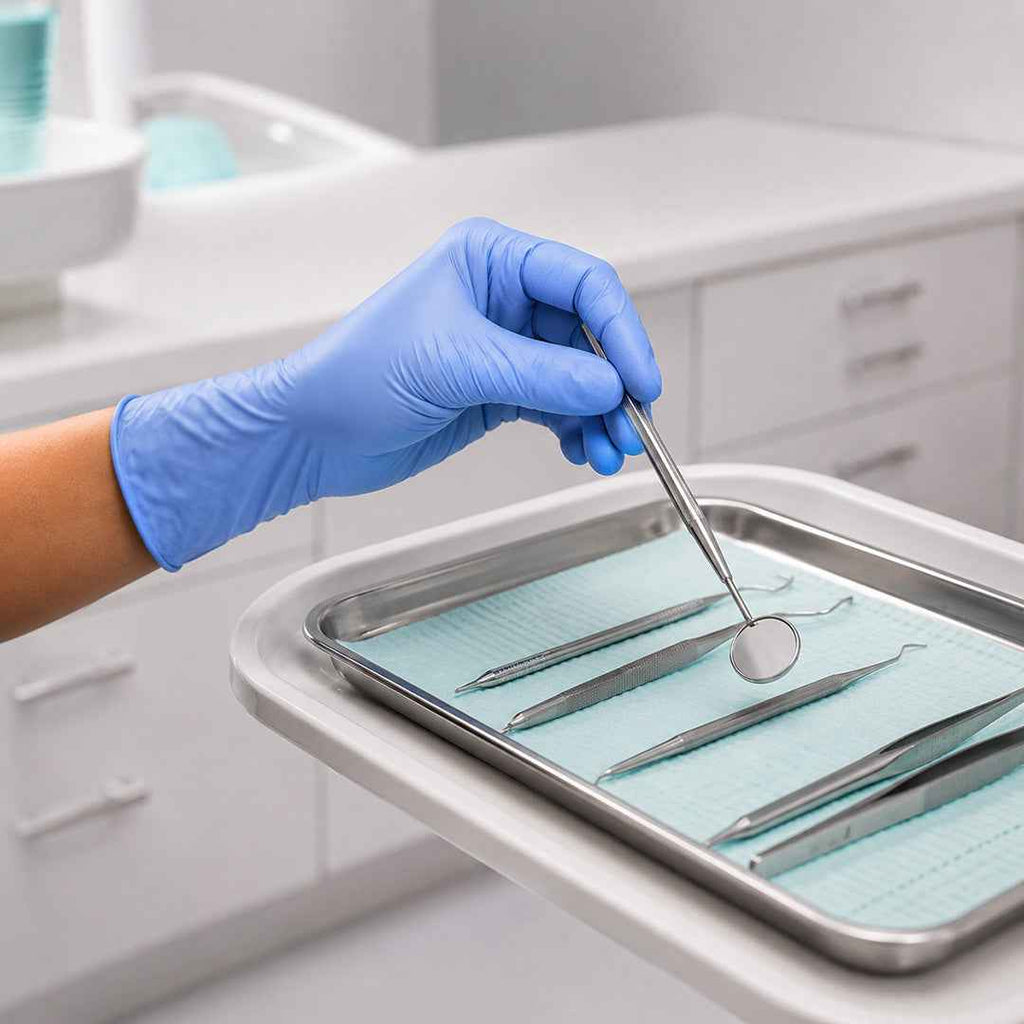 A close-up of a gloved hand placing a metal dental tool into a stainless steel tray lined with light blue gauze, with a blurred clinic background. POSI SHIELD GLOVES. CLINICAL SUPPLY COMPANY