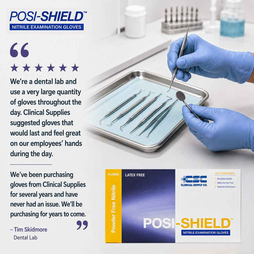 Promotional graphic for Posi-Shield nitrile examination gloves. The top features the brand logo, a customer testimonial quote from a dental lab, and a photo of gloved hands using dental instruments on a tray.