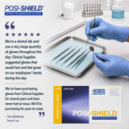 Promotional graphic for Posi-Shield nitrile examination gloves. The top features the brand logo, a customer testimonial quote from a dental lab, and a photo of gloved hands using dental instruments on a tray.