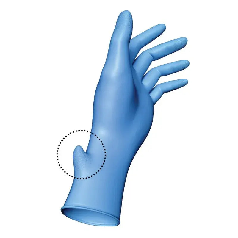 Blue nitrile glove on a white background with an EZDoff pull-tab. Designed to help reduce contamination during glove removal, making it a great choice for clinical use.