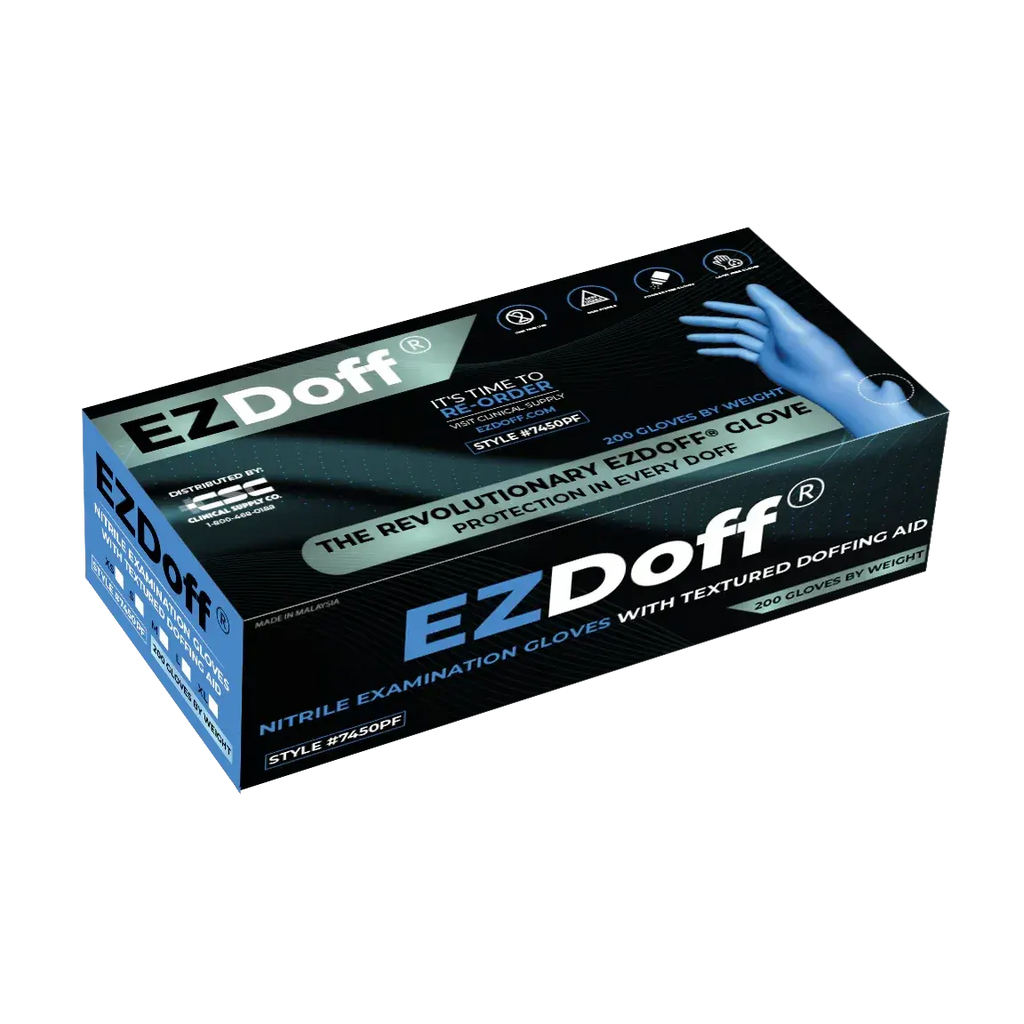 Box of EZ Doff nitrile examination gloves on a white background