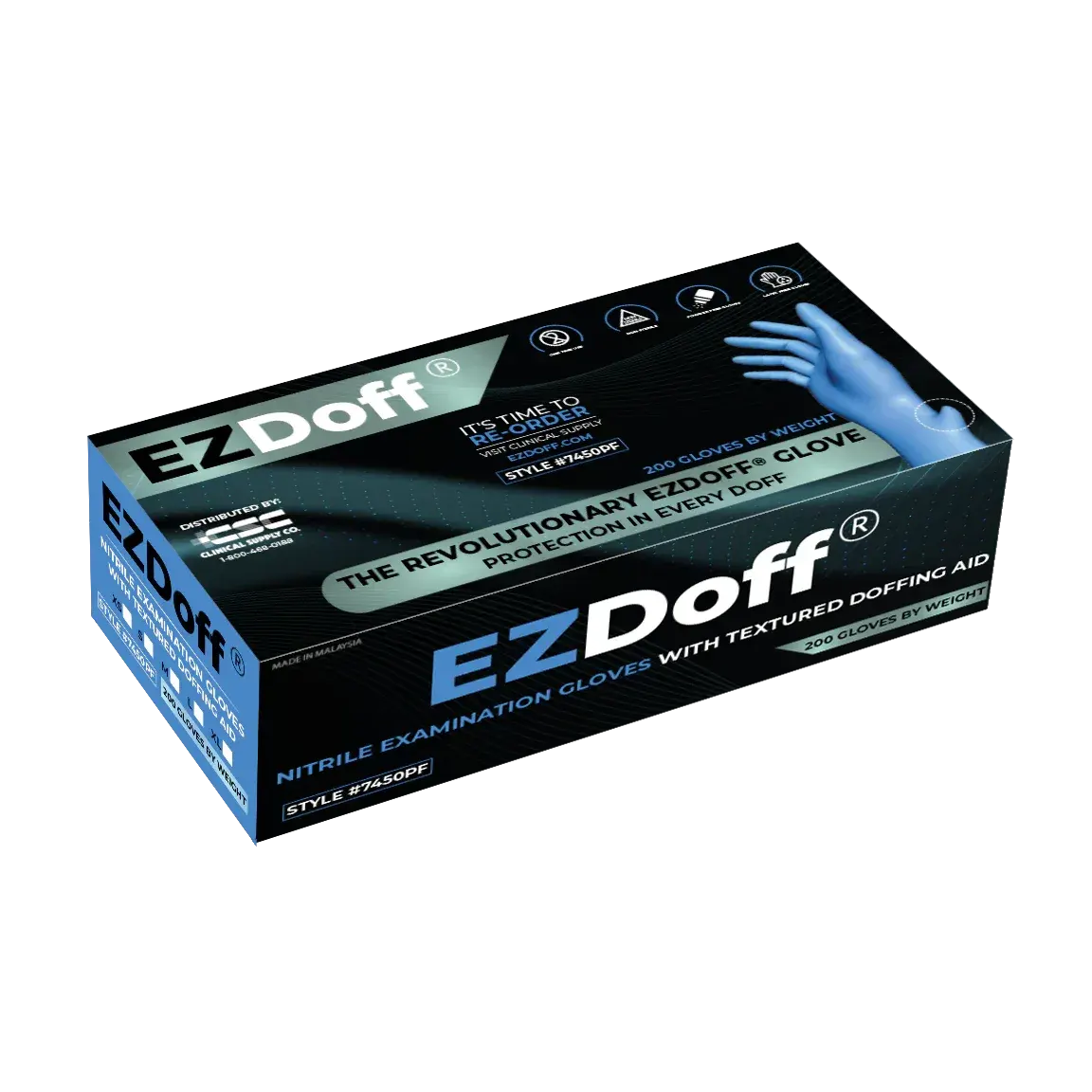 EZDoff Blue Nitrile Exam Gloves with Textured Doffing Aid, 200 per box