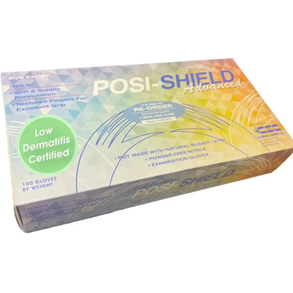 Posi-Shield Advanced™ Low Dermatitis Nitrile: Violet Blue Exam Gloves for Sensitive Skin, 100 per box - Clinical Supply Company