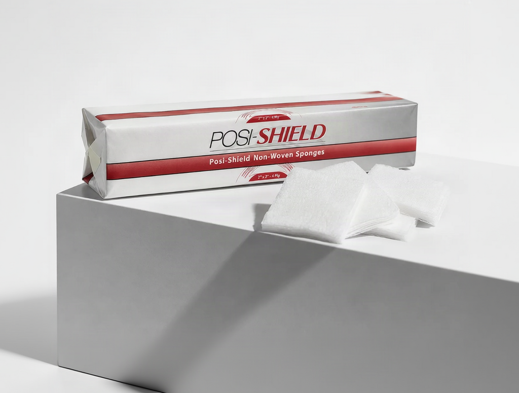 A box of Posi-Shield non-woven sponges sits on a white pedestal with several white square sponges placed in front. The packaging is white with red stripes and black text.