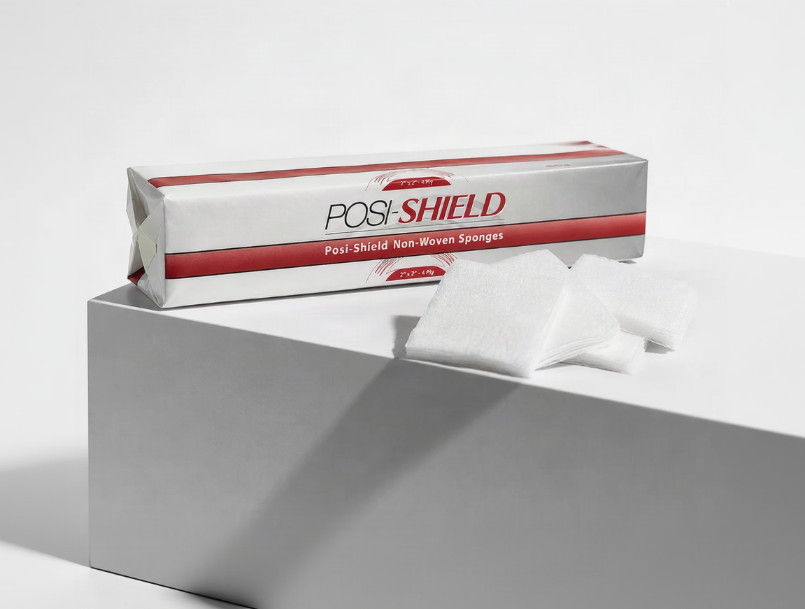A box of Posi-Shield non-woven sponges sits on a white pedestal with several white square sponges placed in front. The packaging is white with red stripes and black text.