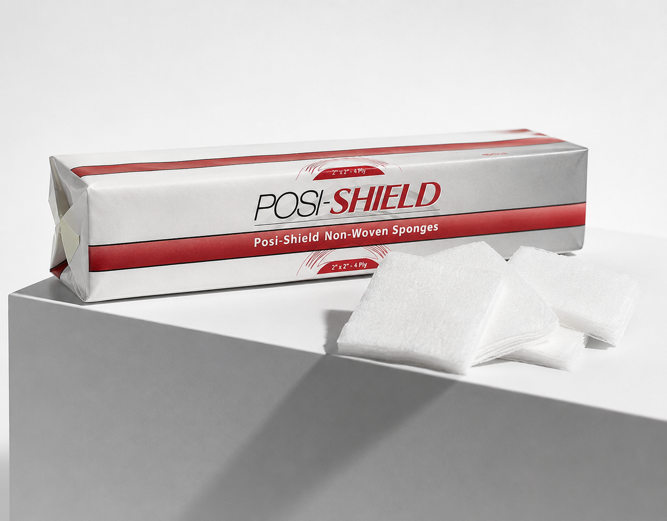 A box of Posi-Shield non-woven sponges sits on a white pedestal with several white square sponges placed in front. The packaging is white with red stripes and black text.