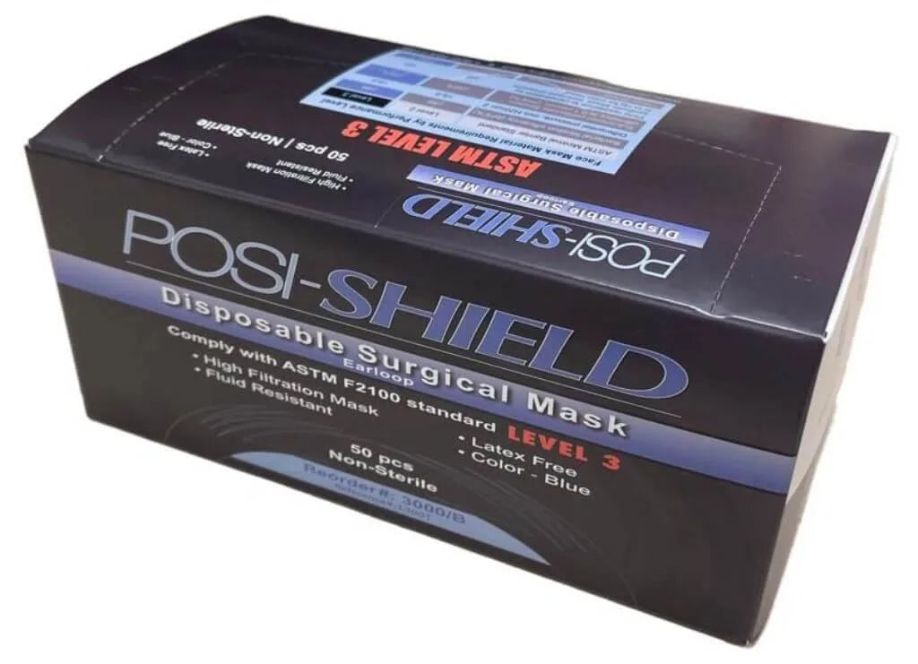Posi-Shield® Surgical Earloop Face Mask, ASTM F2100 Level 3, Blue, 50 masks per box