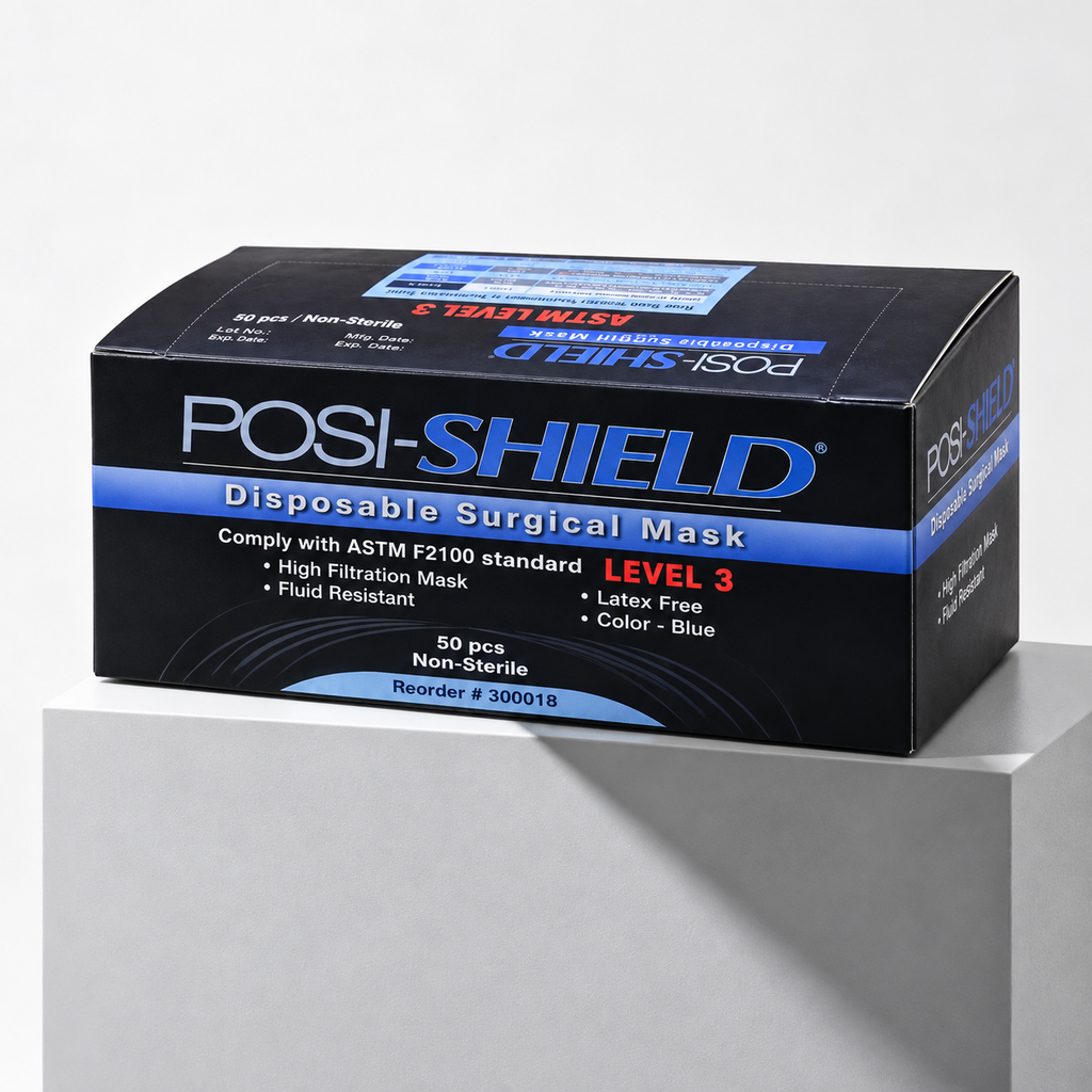 A box of Posi-Shield Level 3 disposable surgical masks, 50 masks per box, in blue and black packaging, displayed on a white pedestal against a light gray background.