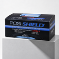 A box of Posi-Shield Level 3 disposable surgical masks, 50 masks per box, in blue and black packaging, displayed on a white pedestal against a light gray background.