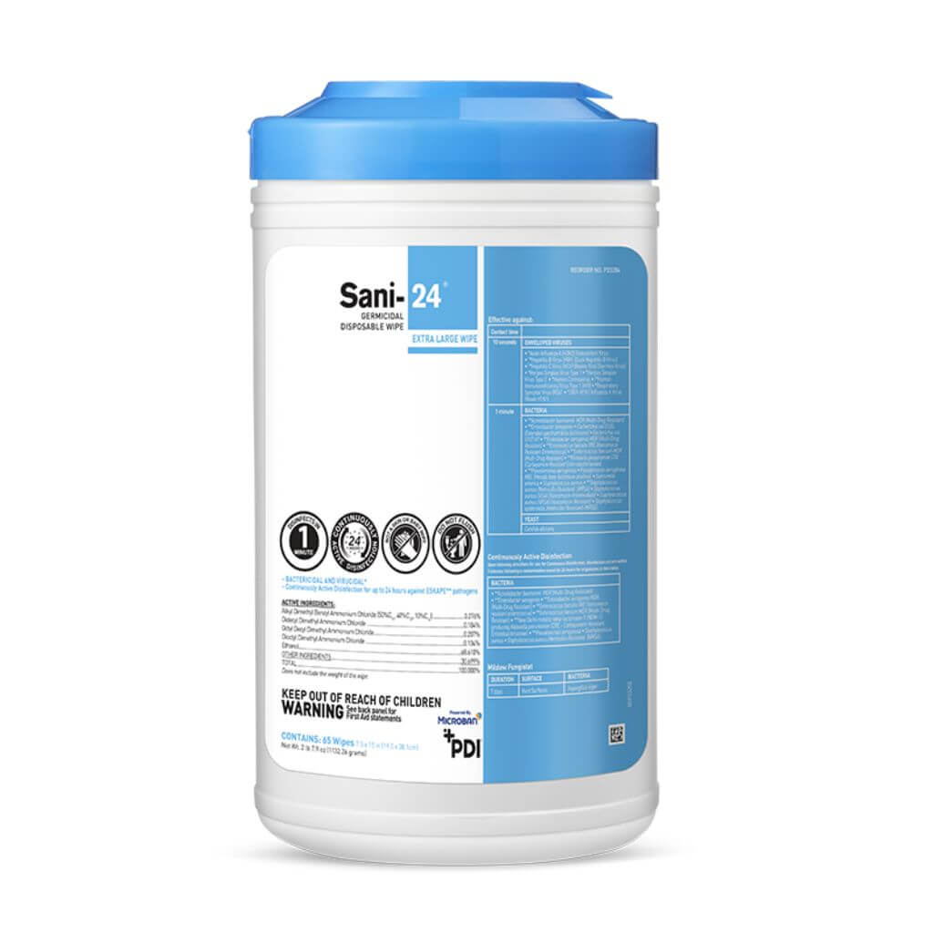 SANI-24 Germicidal Disposable Wipes, X-large, 65 per canister, 6 per case - Clinical Supply Company