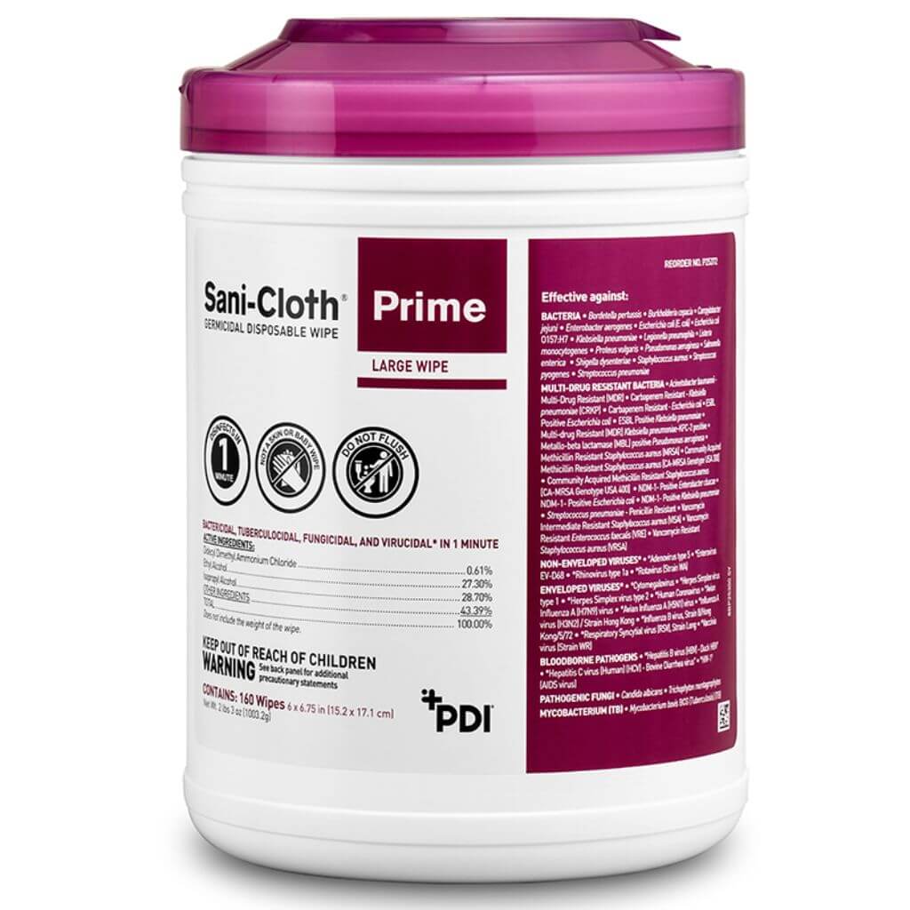 PDI Sani-Cloth Prime Germicidal Disposable Wipes Large, 160 wipes per canister - Clinical Supply Company