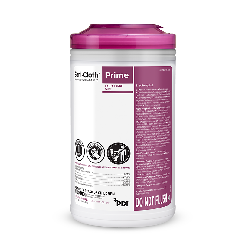 PDI Sani-Cloth Prime Germicidal Disposable Wipes X-Large, 70 wipes per canister