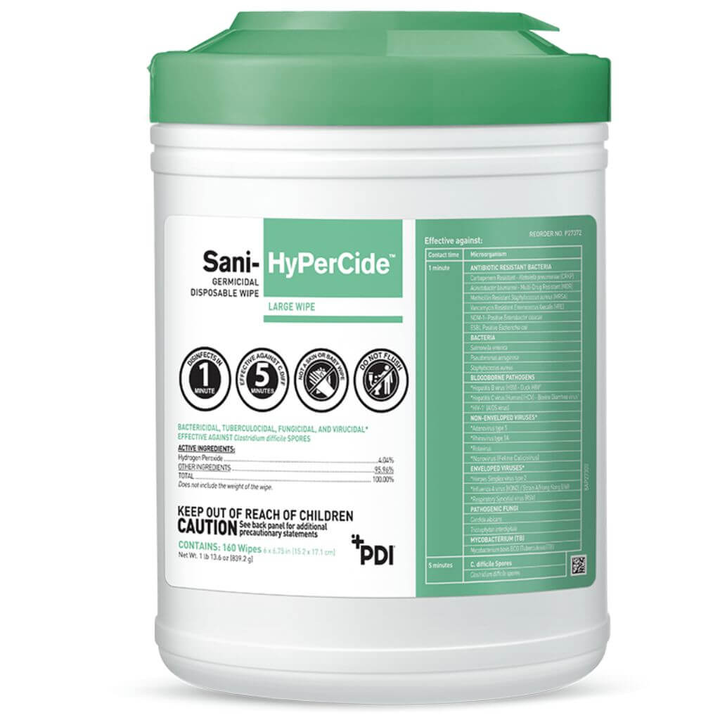 Sani-HyPerCide Germicidal Disposable Wipes, Large, 160 per canister, 12 per case - Clinical Supply Company