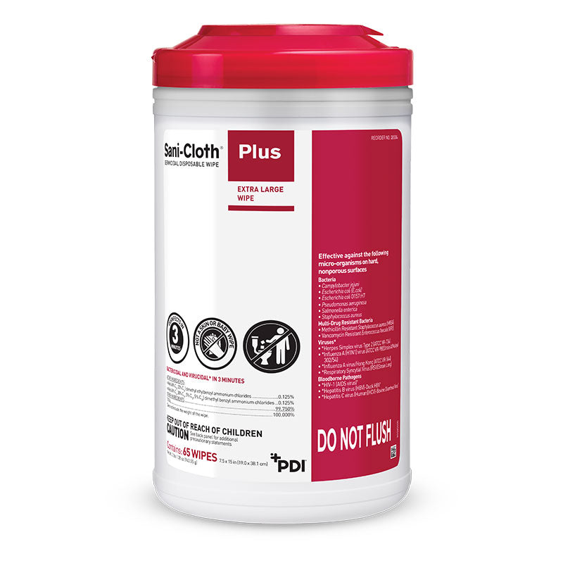 PDI Sani-Cloth Plus Germicidal Disposable Wipes X-Large, 65 wipes per canister