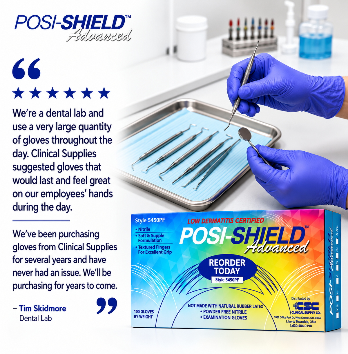 Posi-Shield Advanced™ Low Dermatitis Nitrile: Violet Blue Exam Gloves for Sensitive Skin, 100 per box