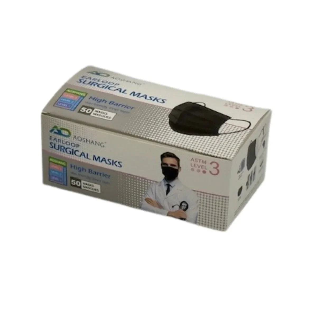 Earloop Face Masks - Black - ASTM Level 3, 50 masks per box