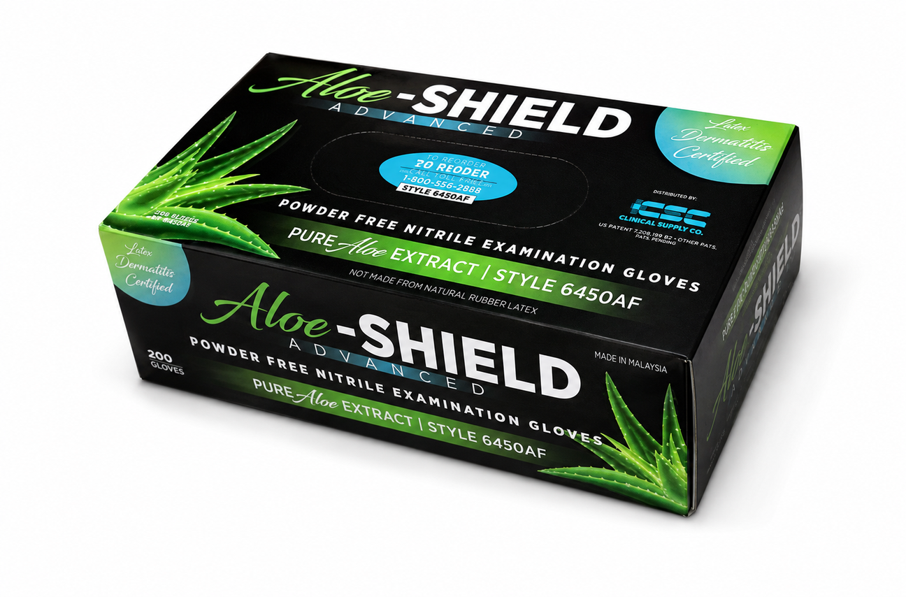 Aloe-SHIELD Advanced® Low Dermatitis: Aloe-Infused Green Nitrile Exam Gloves, 200 per box
