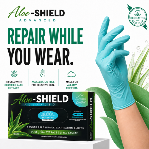 Aloe-SHIELD Advanced® Low Dermatitis: Aloe-Infused Green Nitrile Exam Gloves, 200 per box