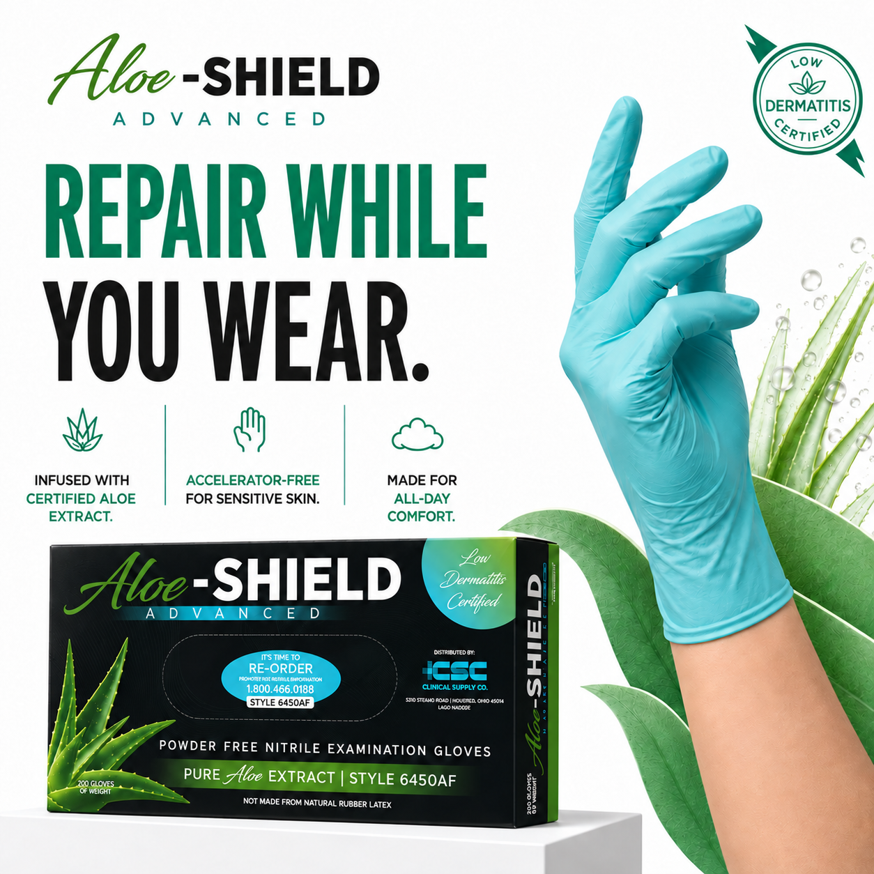 Aloe-SHIELD Advanced® Low Dermatitis: Aloe-Infused Green Nitrile Exam Gloves, 200 per box