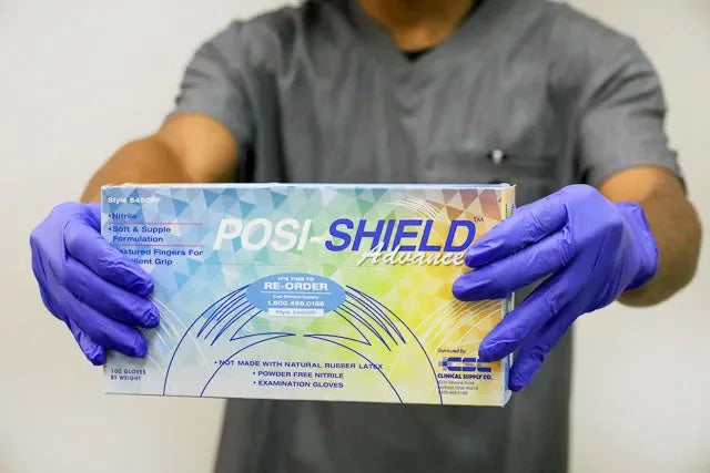 Posi-Shield Advanced™ Low Dermatitis Nitrile: Violet Blue Exam Gloves for Sensitive Skin, 100 per box - Clinical Supply Company