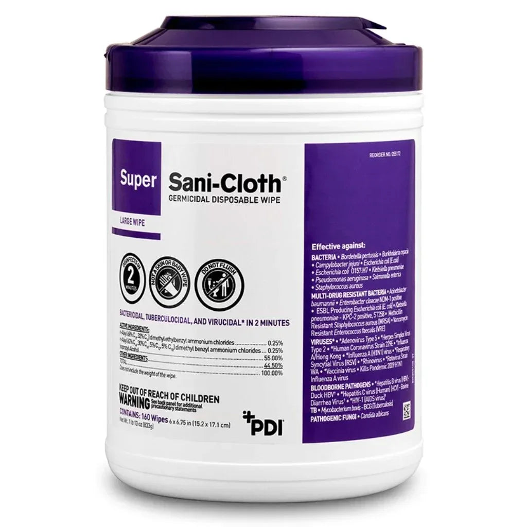 PDI Super Sani-Cloth Germicidal Disposable Wipes Large, 160 wipes per canister - Clinical Supply Company
