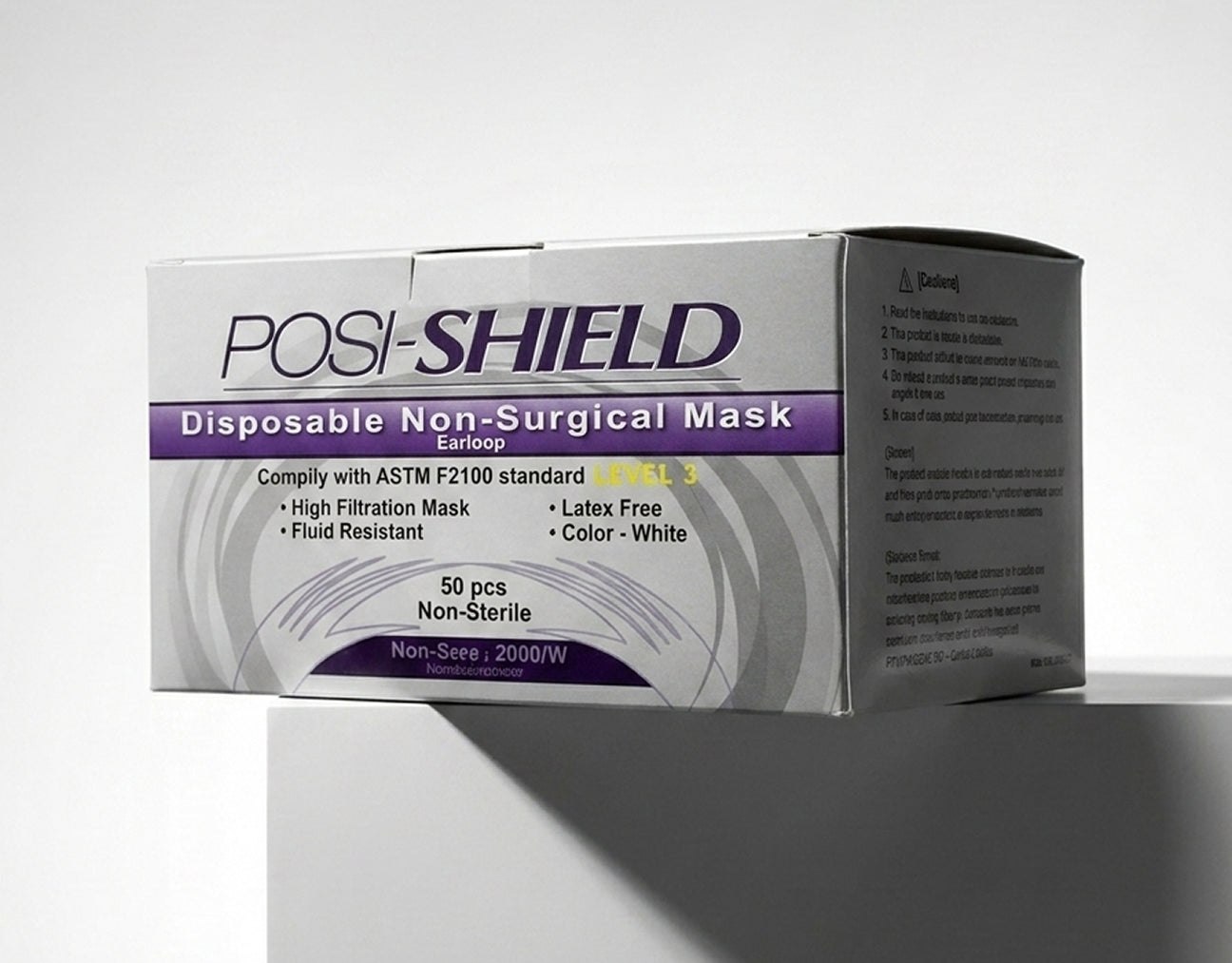 Box of POSHI-SHIELD disposable non-surgical masks on a white background